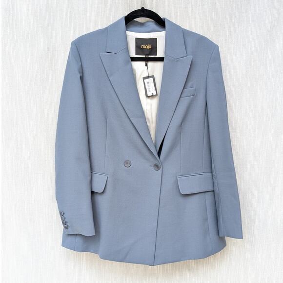 NWT Maje Vayra Blue Wool Blend Double-breasted Button Suit Blazer, size 40 - Picture 1 of 11